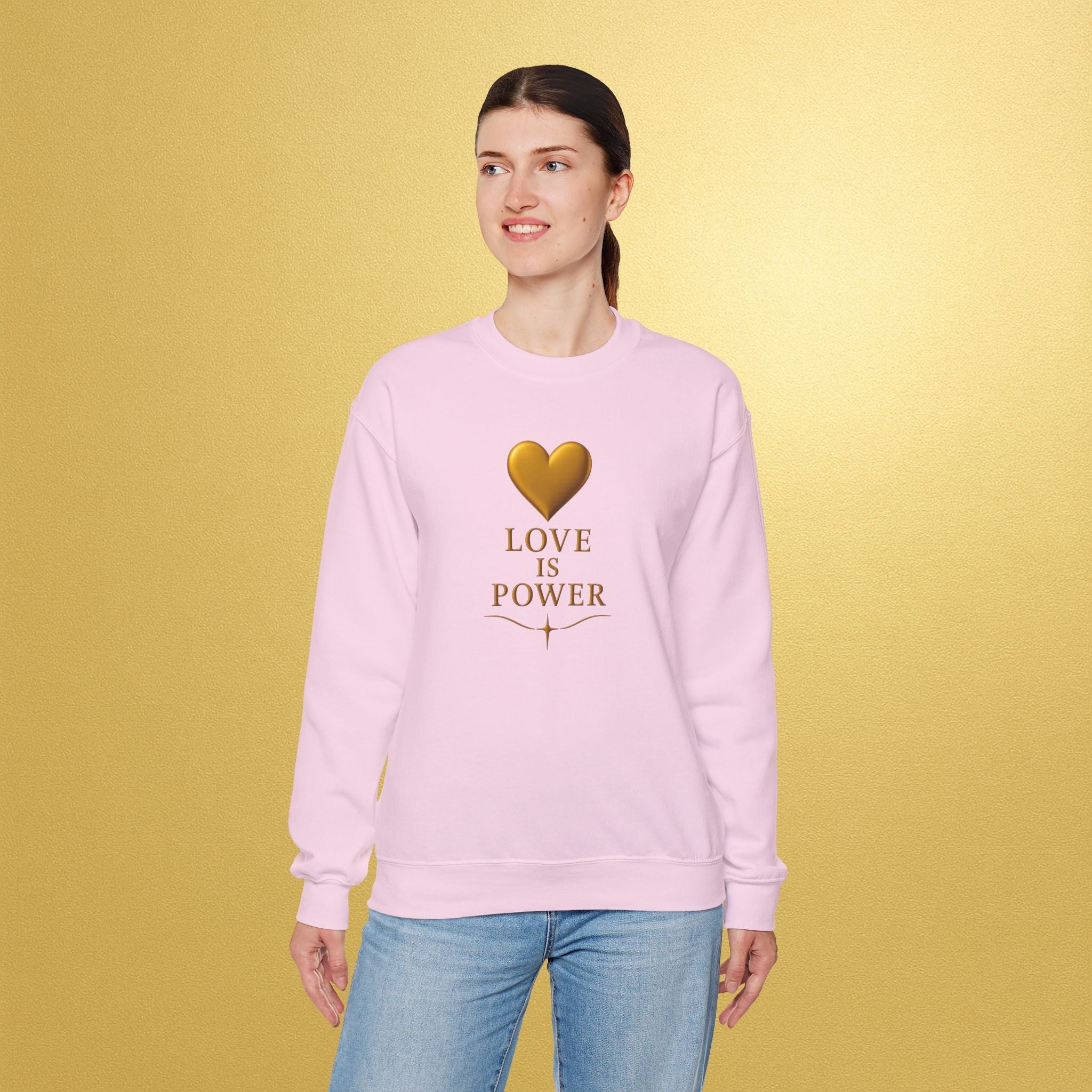 Crewneck Sweatshirt — "Love Is Power" Gold Heart Graphic - AURA BY RS ®