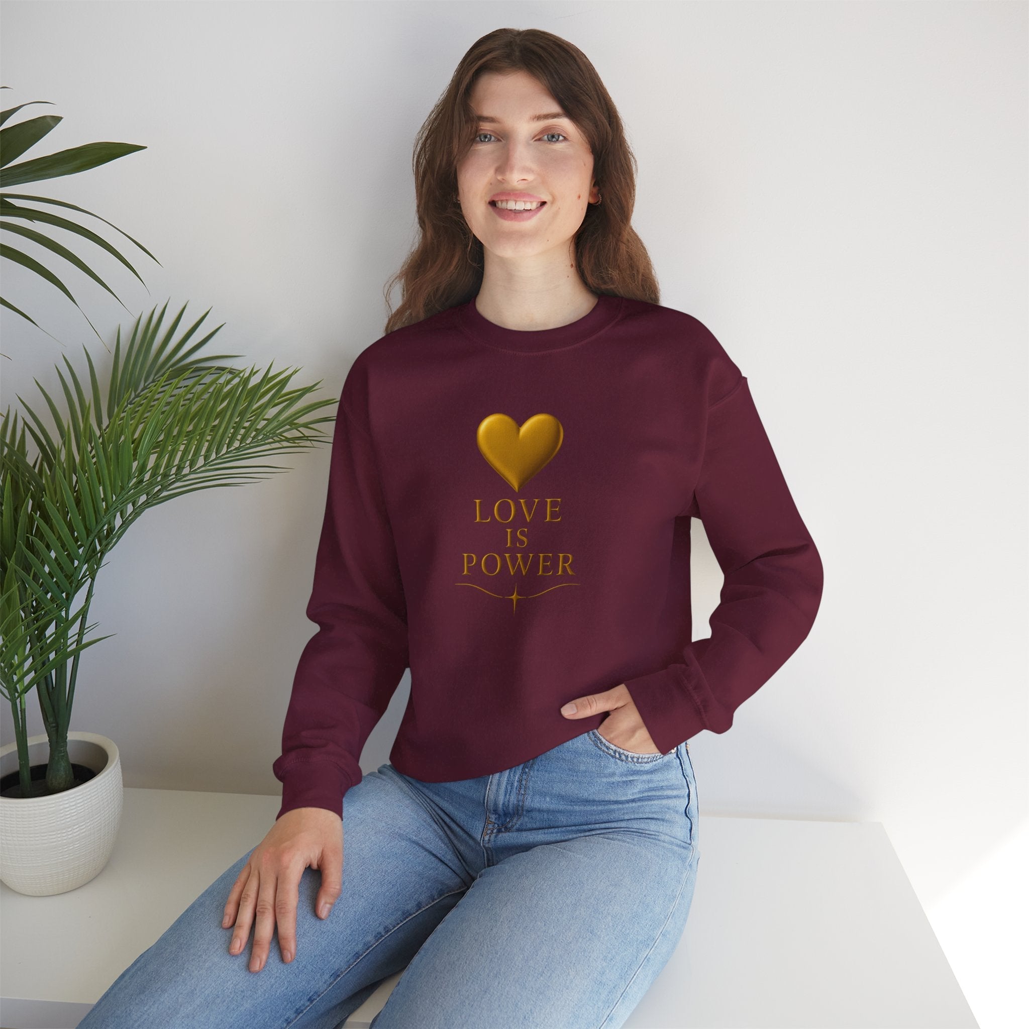 Crewneck Sweatshirt — "Love Is Power" Gold Heart Graphic - AURA BY RS ®