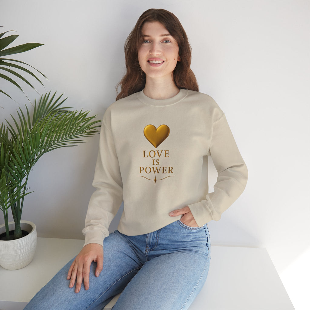 Crewneck Sweatshirt — "Love Is Power" Gold Heart Graphic - AURA BY RS ®