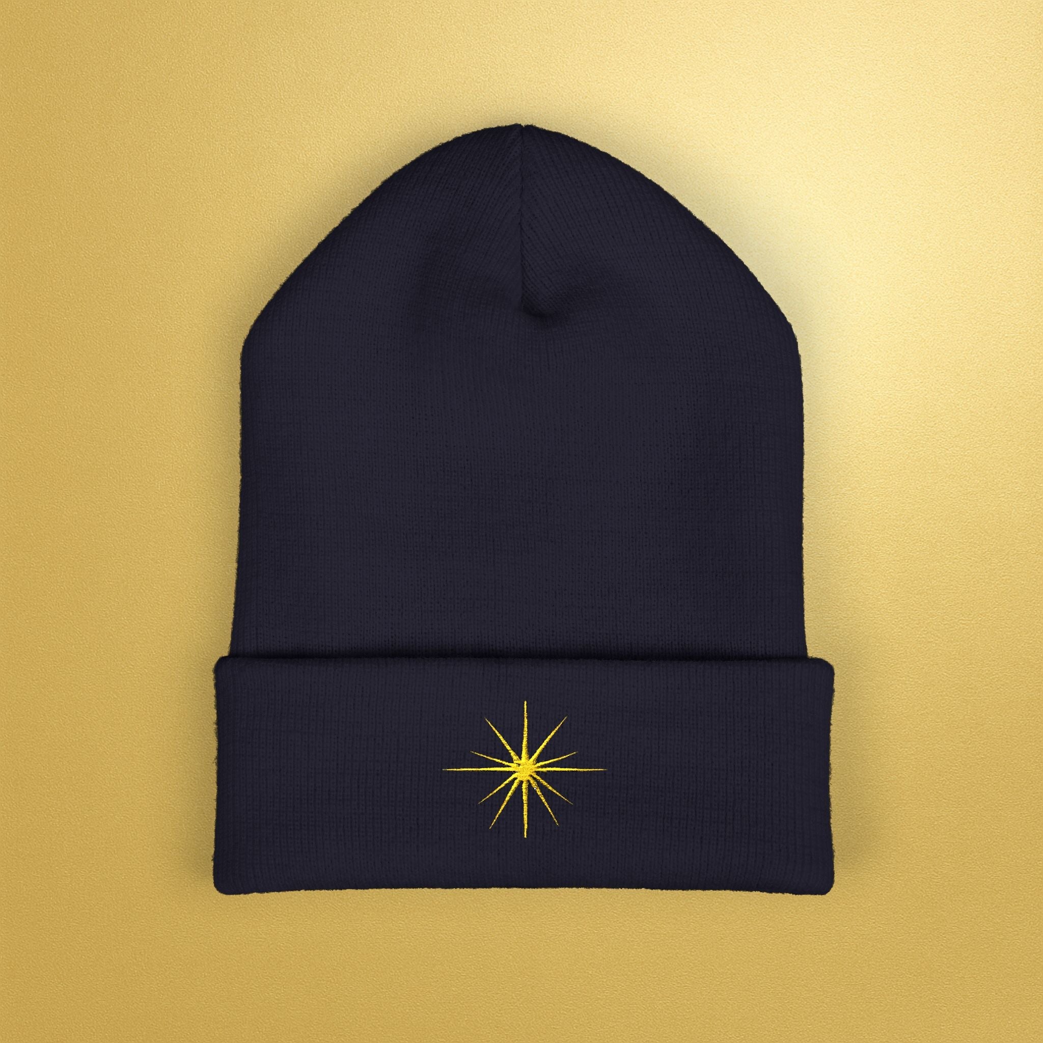 Embroidered Sunburst Cuffed Beanie — Gold Aura Knit Hat - AURA BY RS ®
