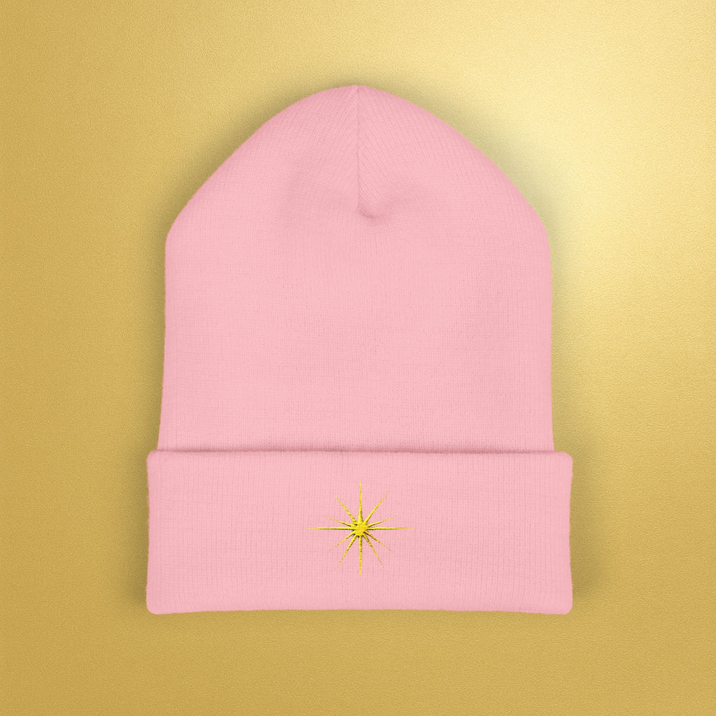 Embroidered Sunburst Cuffed Beanie — Gold Aura Knit Hat - AURA BY RS ®