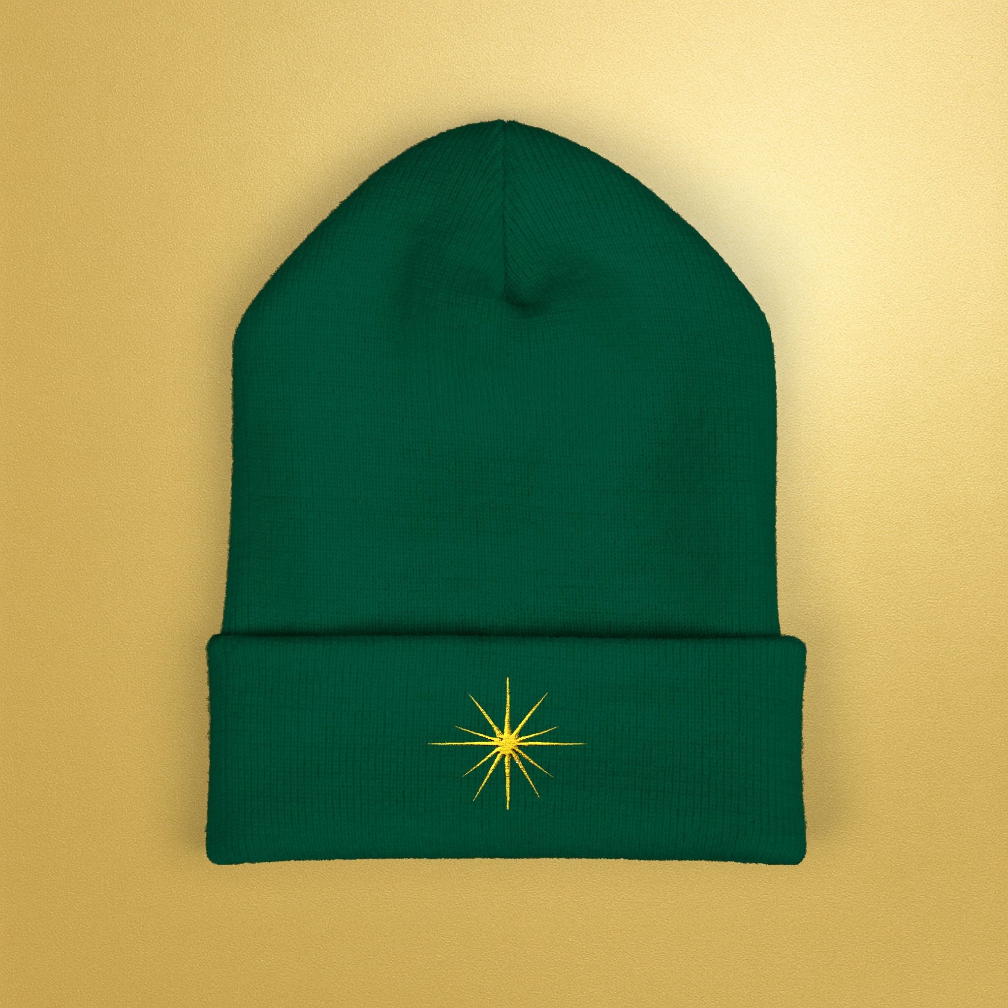 Embroidered Sunburst Cuffed Beanie — Gold Aura Knit Hat - AURA BY RS ®