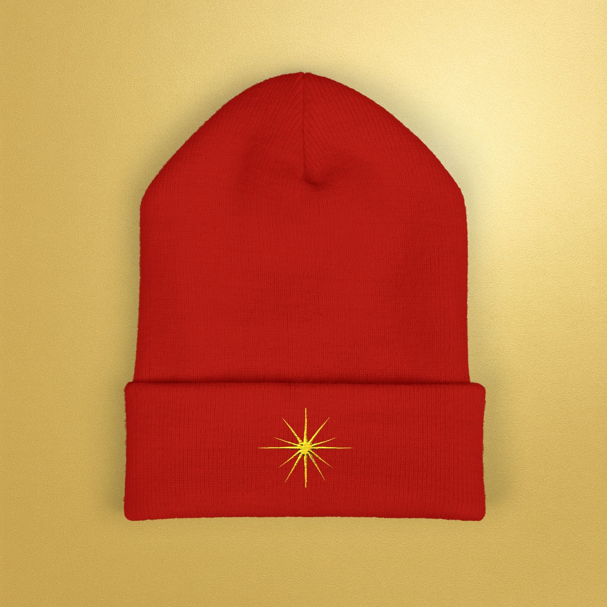 Embroidered Sunburst Cuffed Beanie — Gold Aura Knit Hat - AURA BY RS ®