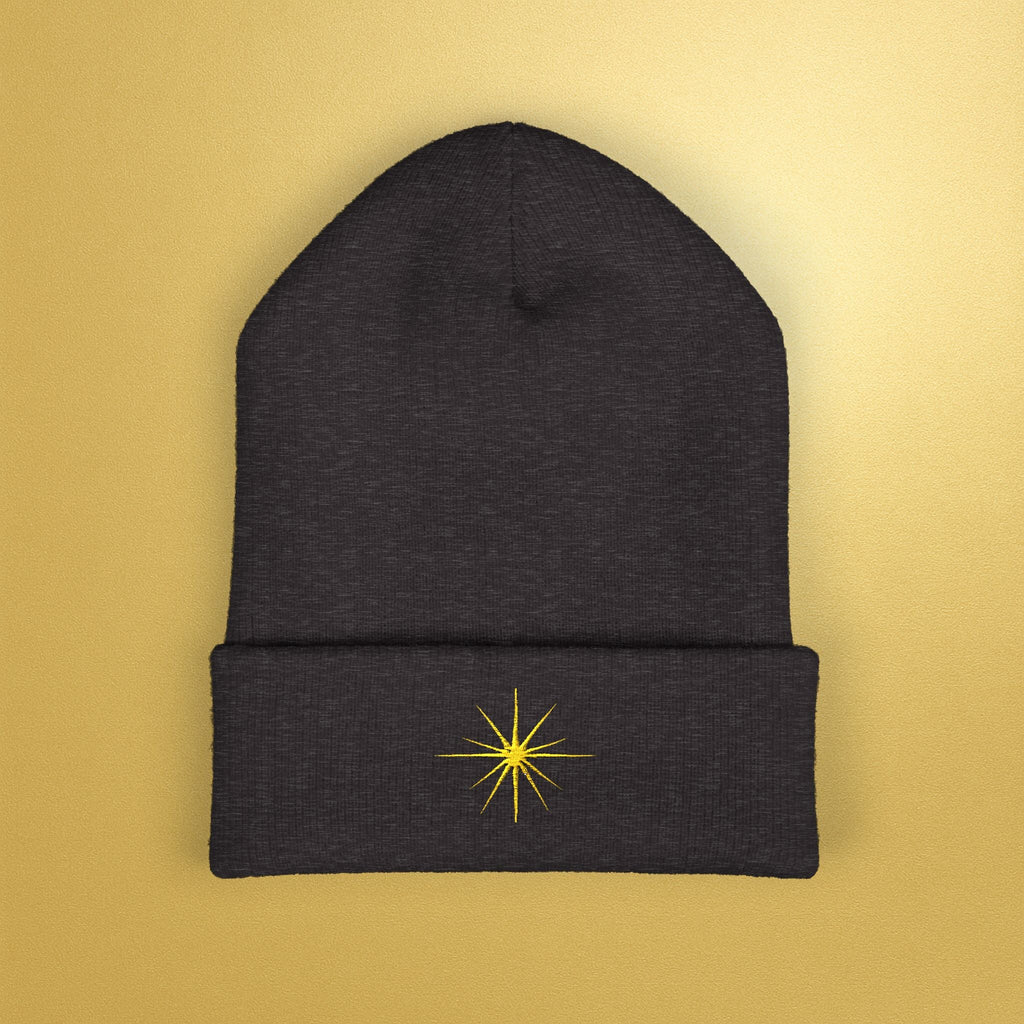 Embroidered Sunburst Cuffed Beanie — Gold Aura Knit Hat - AURA BY RS ®