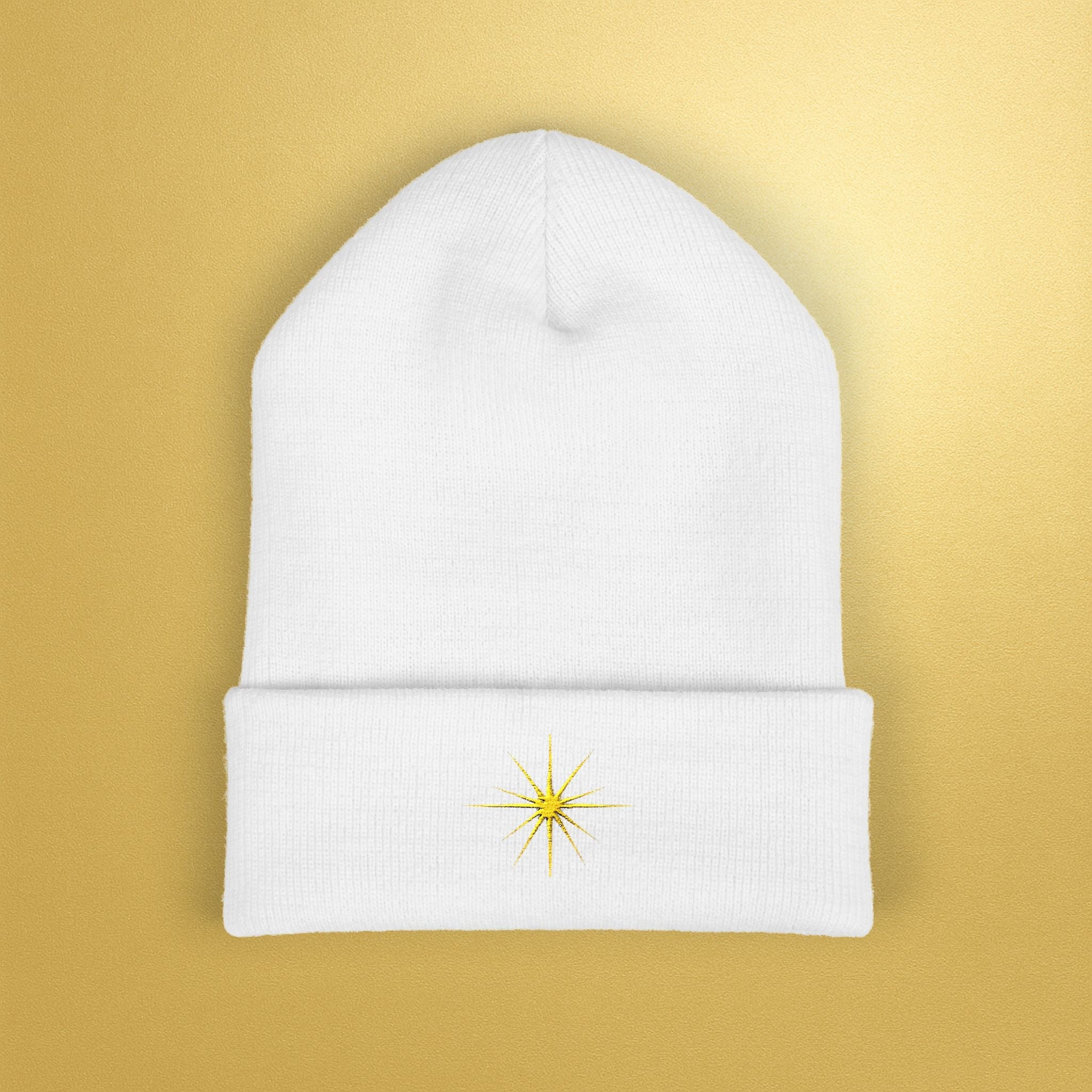 Embroidered Sunburst Cuffed Beanie — Gold Aura Knit Hat - AURA BY RS ®