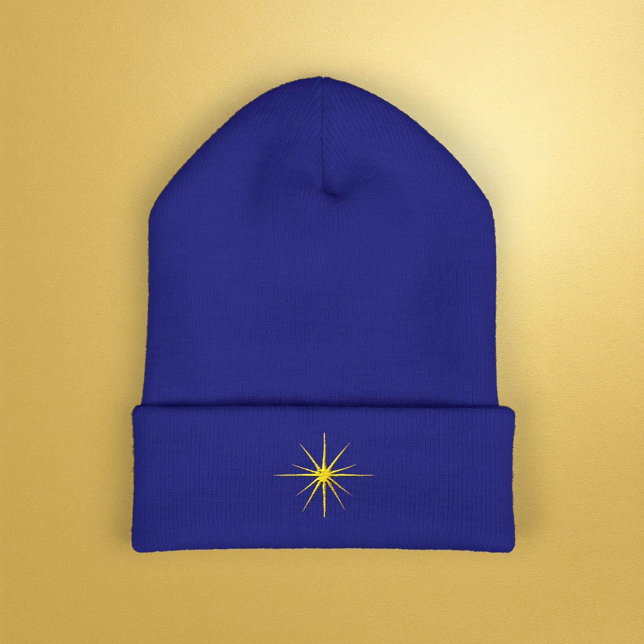 Embroidered Sunburst Cuffed Beanie — Gold Aura Knit Hat - AURA BY RS ®