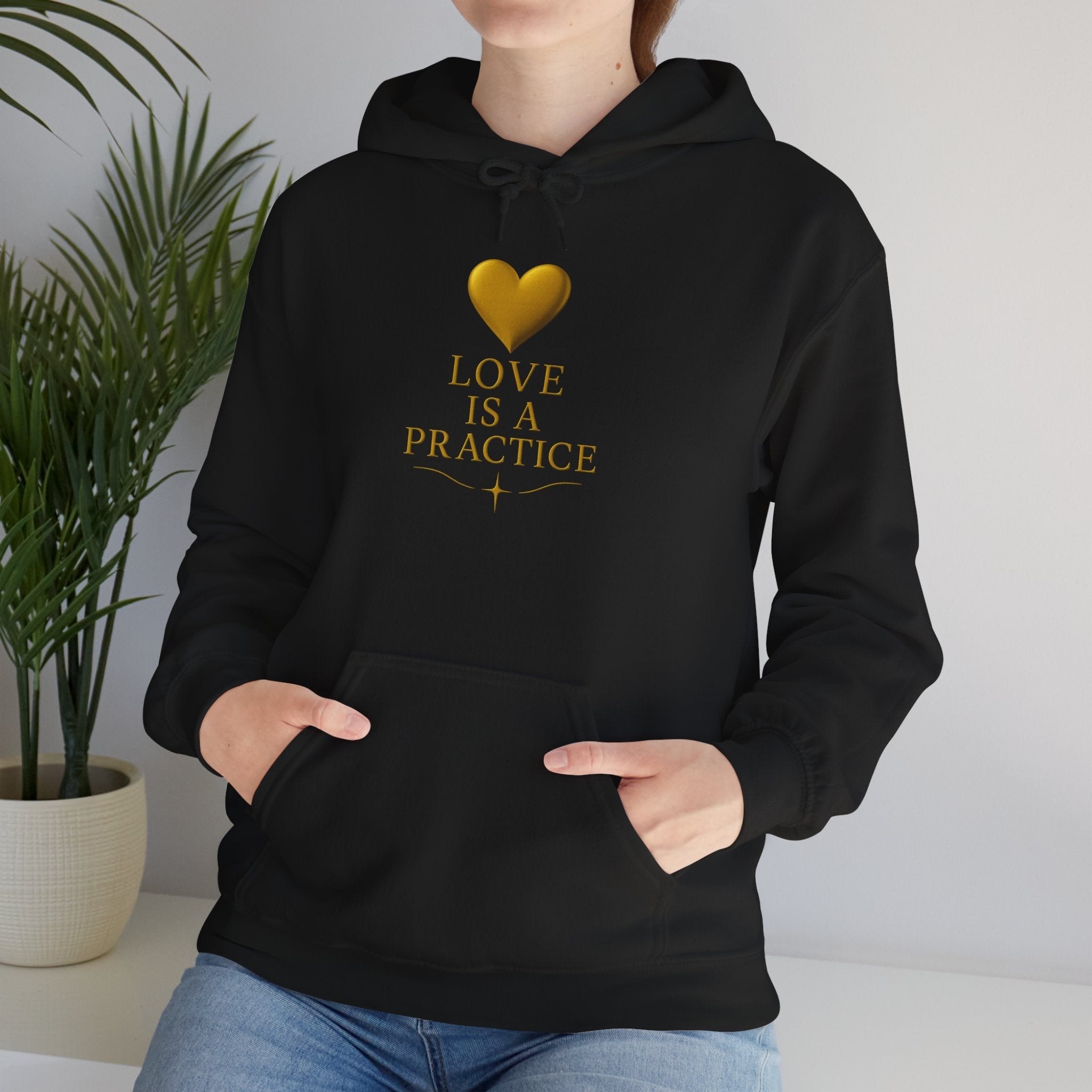 Love Is a Practice Hoodie — Gold Heart Inspirational Pullover - AURA BY RS ®