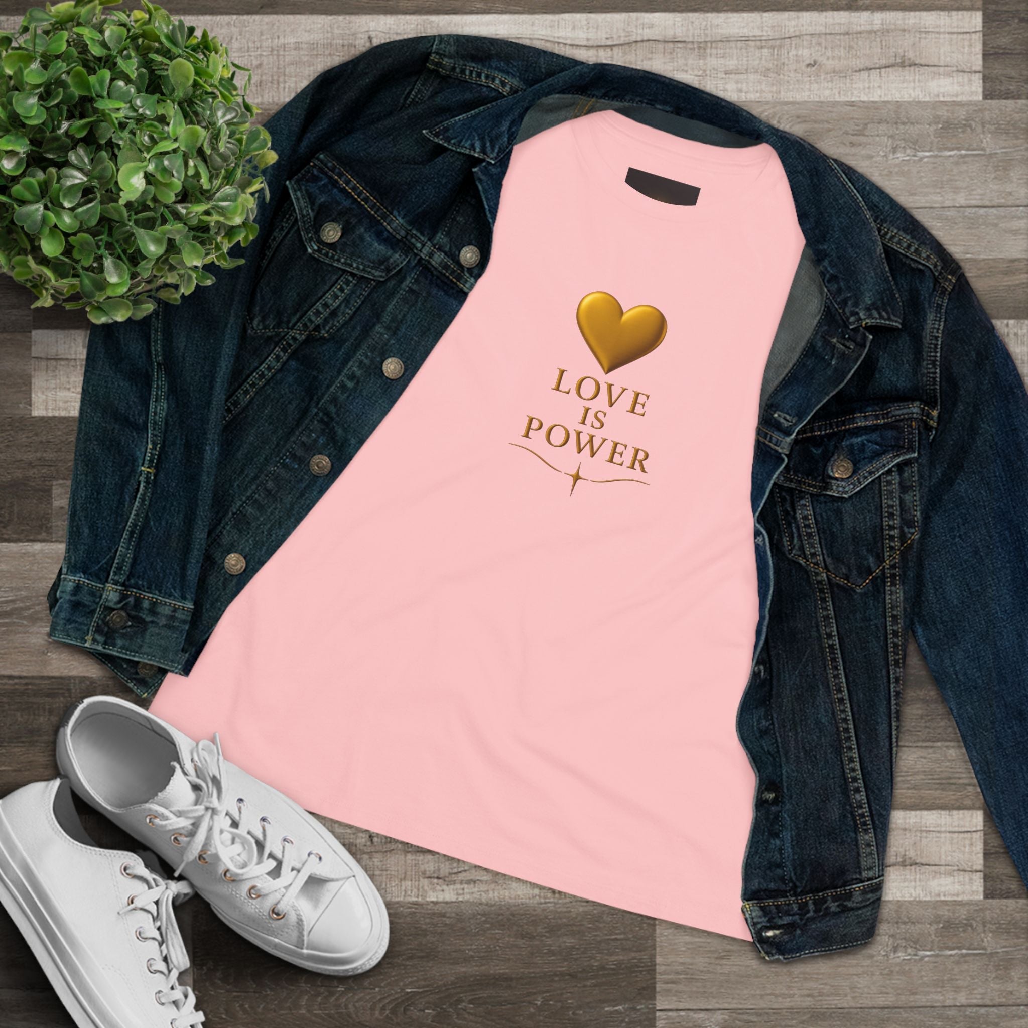 Love Is Power Women's Tee — Gold Heart Inspirational Cotton Shirt - AURA BY RS ®