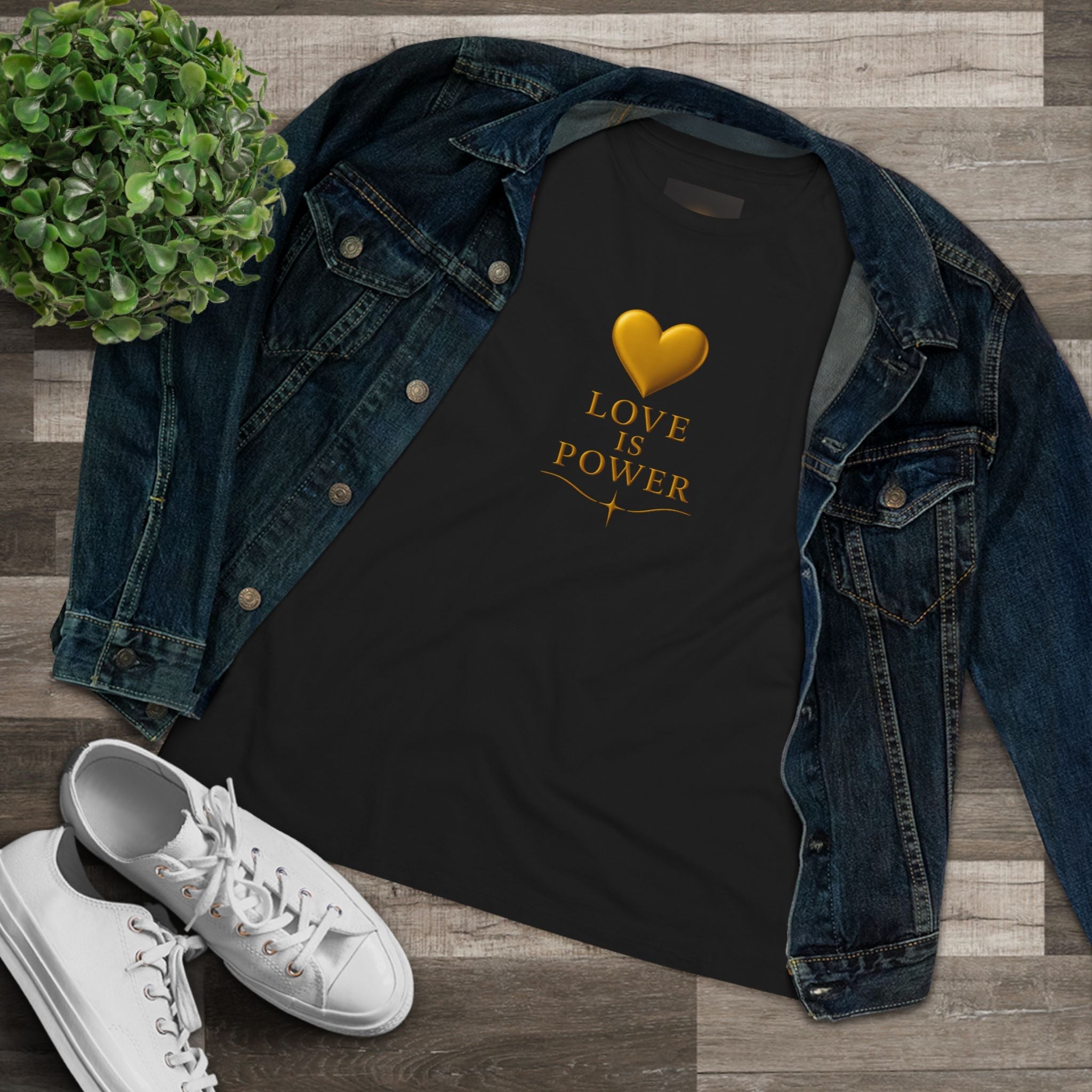 Love Is Power Women's Tee — Gold Heart Inspirational Cotton Shirt - AURA BY RS ®