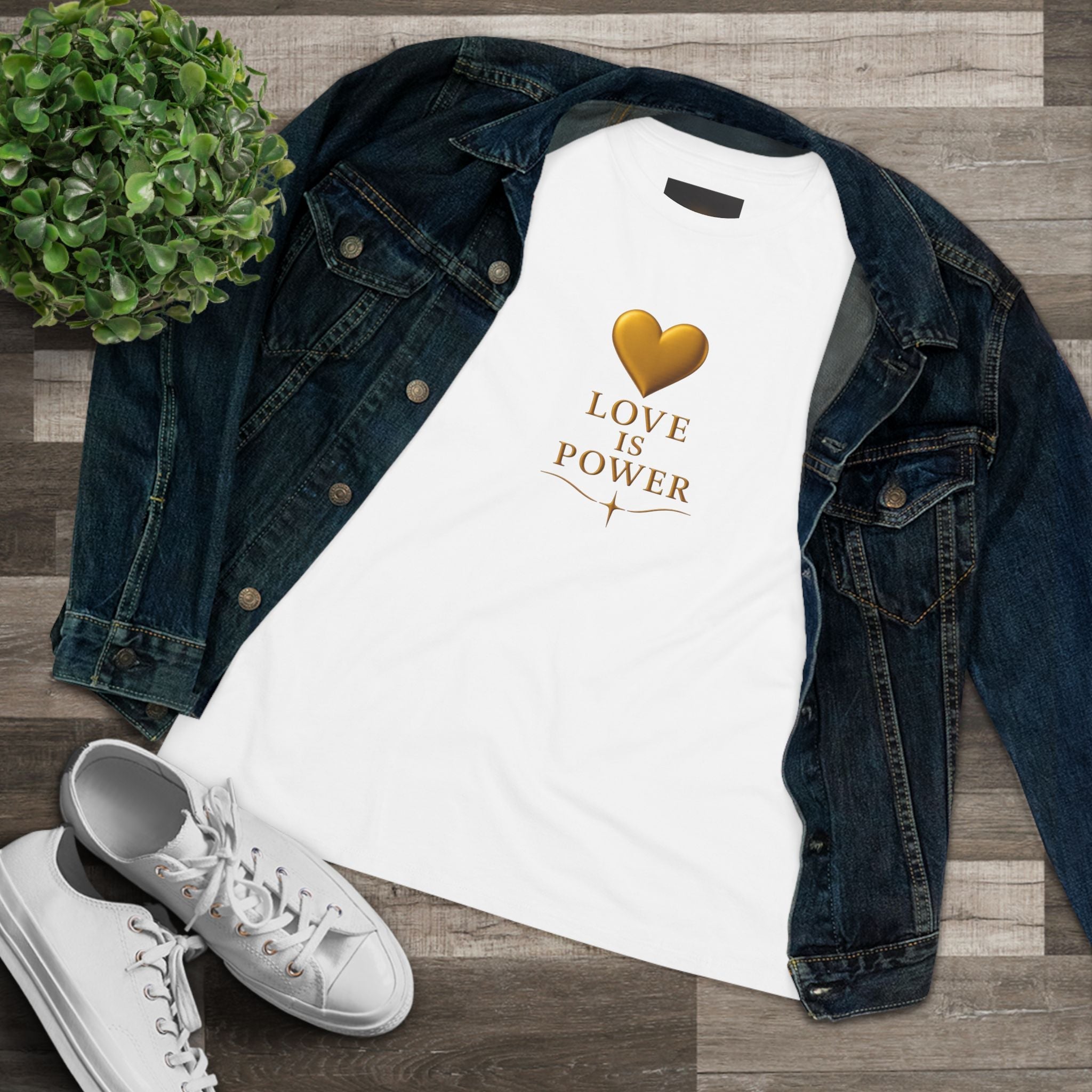 Love Is Power Women's Tee — Gold Heart Inspirational Cotton Shirt - AURA BY RS ®